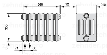 Схема (чертеж) Радиатор Zehnder Charleston 6035/8 №3370 Белый глянцевый RAL 9016